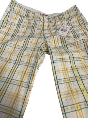 Blue Axes NWT White Plaid Long Shorts with Gold & Green Stripes